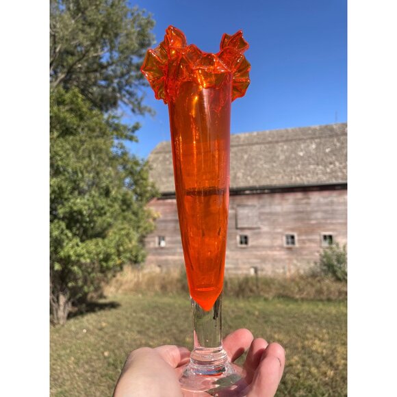 Vintage MCM Orange/Clear Ruffled Art Glass Pedestal Vase - Picture 2 of 10